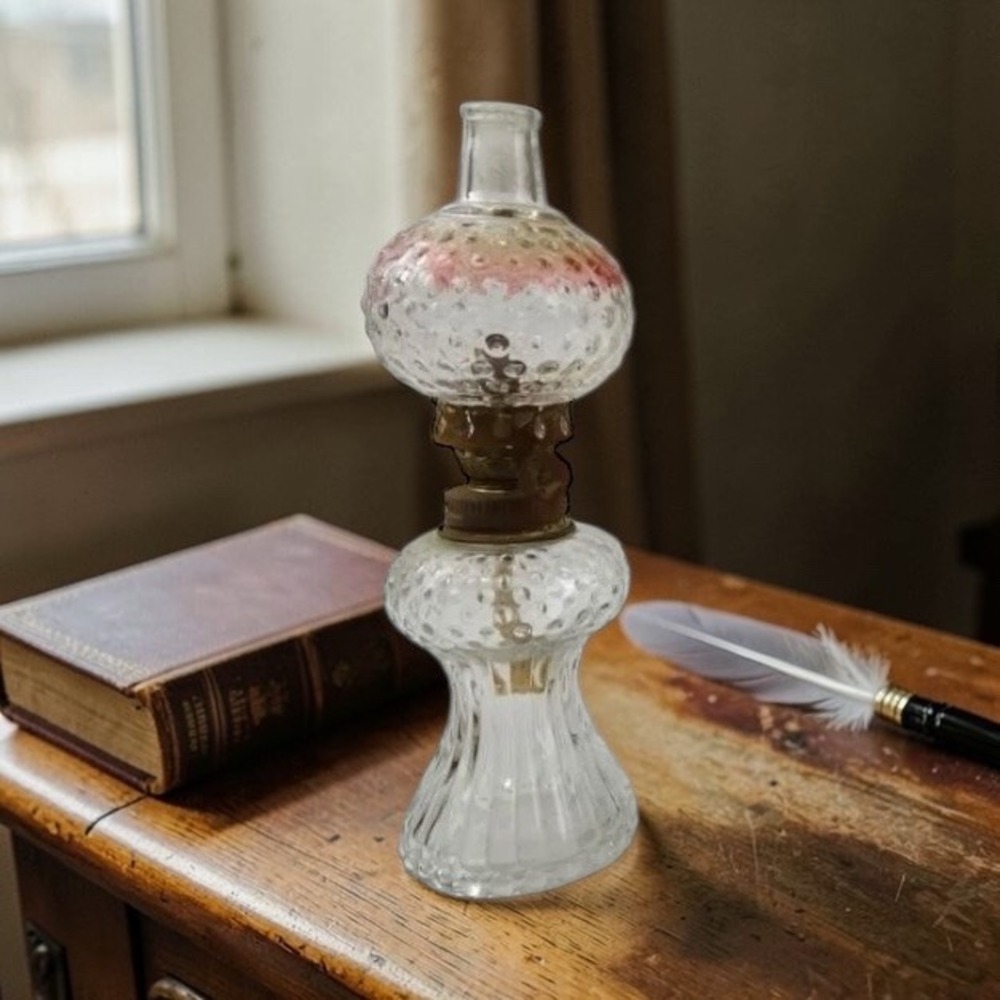 Vintage Hobnail Glass Miniature Oil Lamp Pink Tinted Chimney Brass Hardware